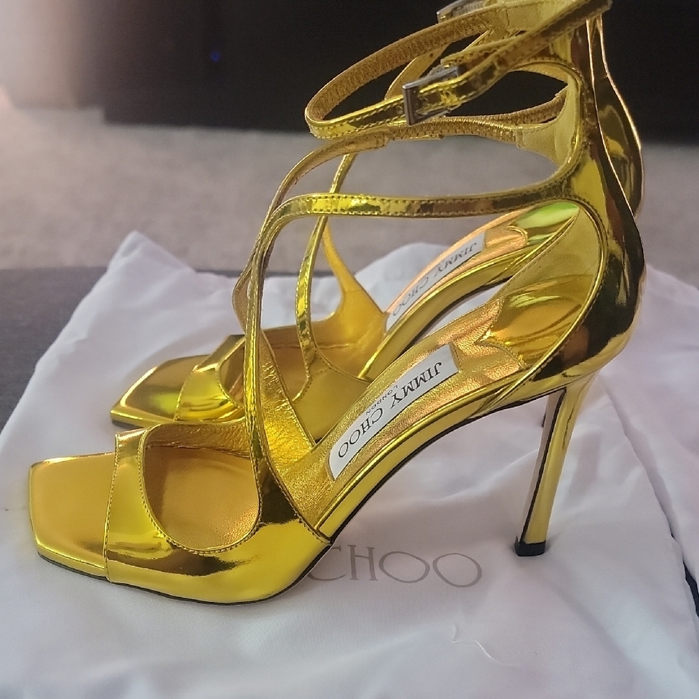 Jimmy Choo Azia 110 Gold Liquid Metal Leather Sandals Gold Strappy Heels - Picture 3 of 6